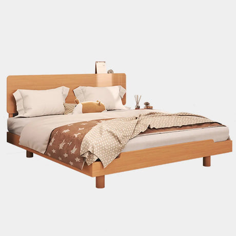 Natural Queen Pine Wood Panel Headboard Bed with Shelf Image - 2