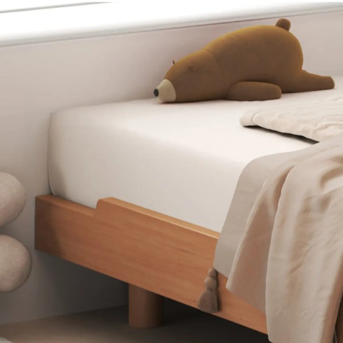 Natural Queen Pine Wood Panel Headboard Bed with Shelf Image - 3
