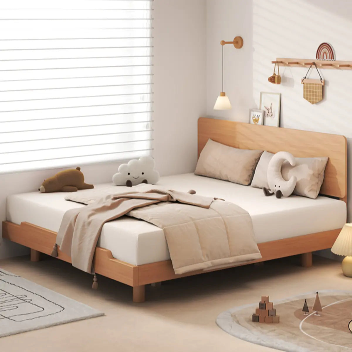 Natural Queen Pine Wood Panel Headboard Bed with Shelf Image - 4