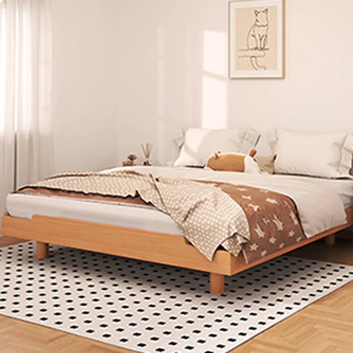 Natural Queen Pine Wood Panel Headboard Bed with Shelf Image - 5