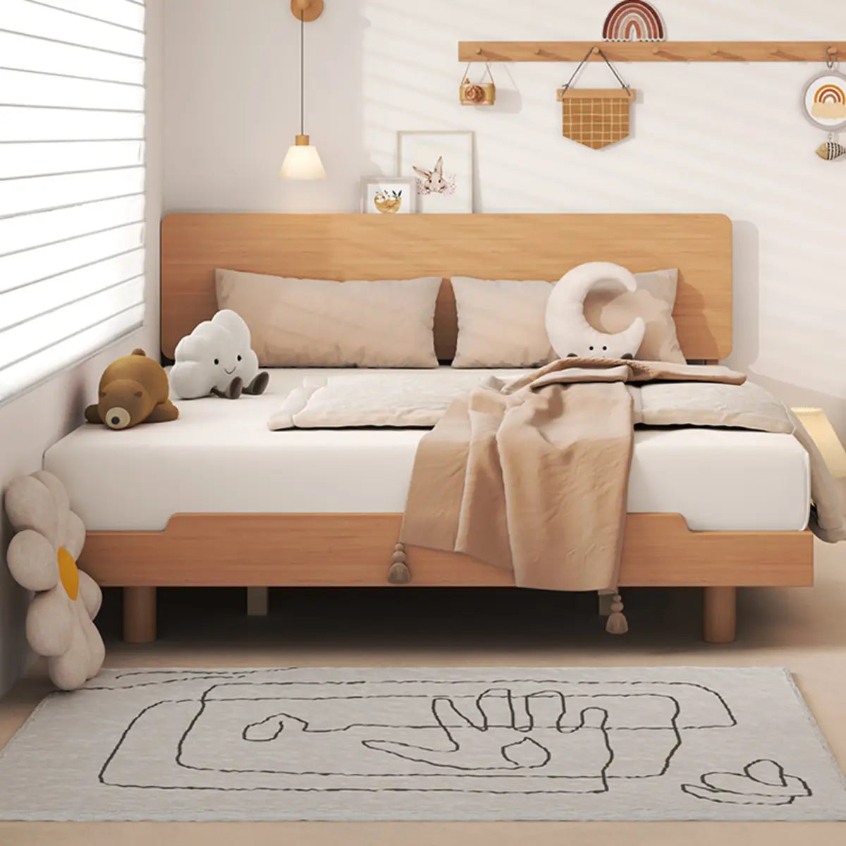 Natural Queen Pine Wood Panel Headboard Bed with Shelf Image - 6