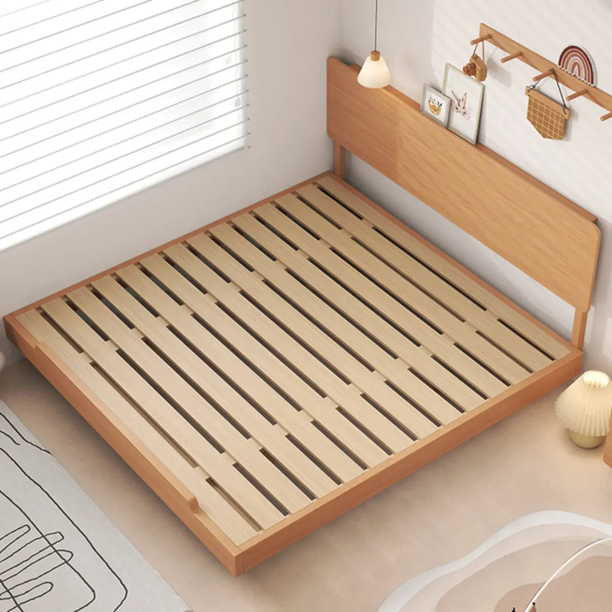 Natural Queen Pine Wood Panel Headboard Bed with Shelf Image - 7