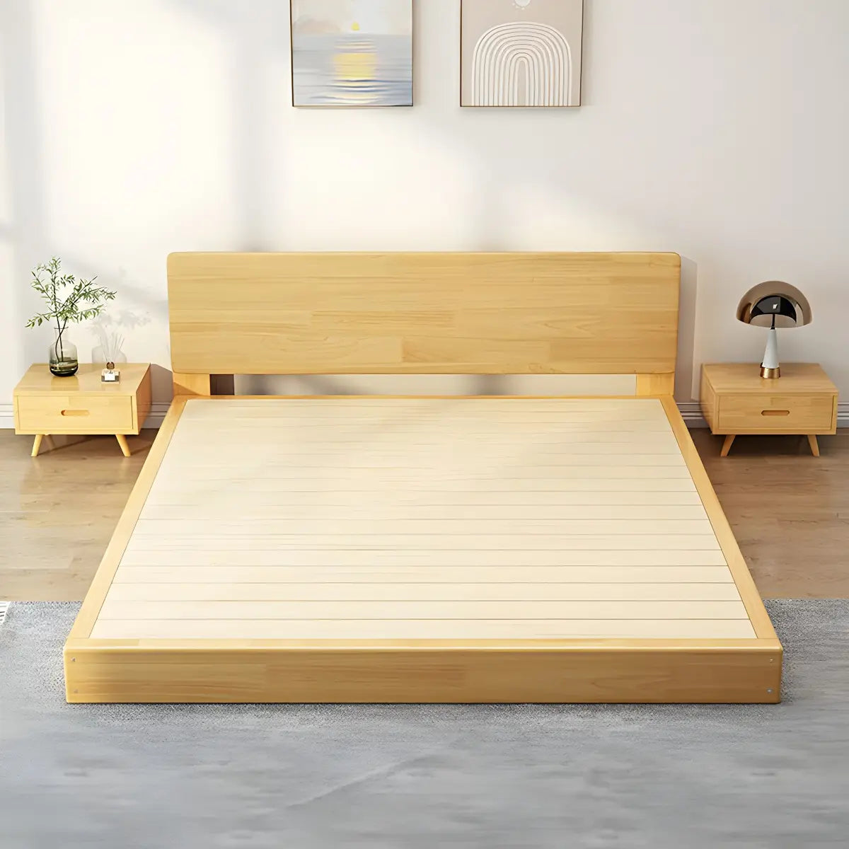 Natural Queen Platform Solid Wood Minimalist Bed Frame Image - 1