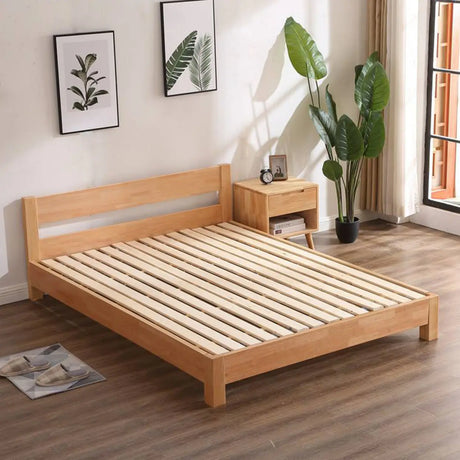 Natural Queen Platform Wood Solid Color Panel Bed Frame Image - 2