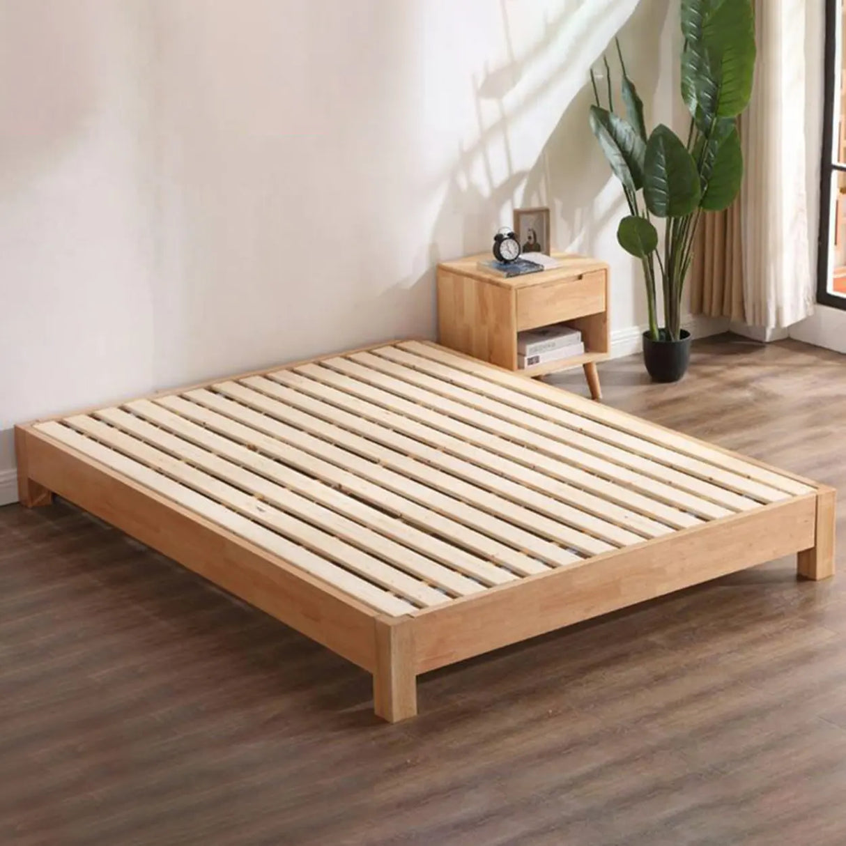 Natural Queen Platform Wood Solid Color Panel Bed Frame Image - 3