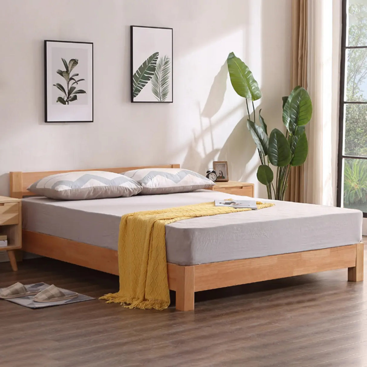 Natural Queen Platform Wood Solid Color Panel Bed Frame Image - 5