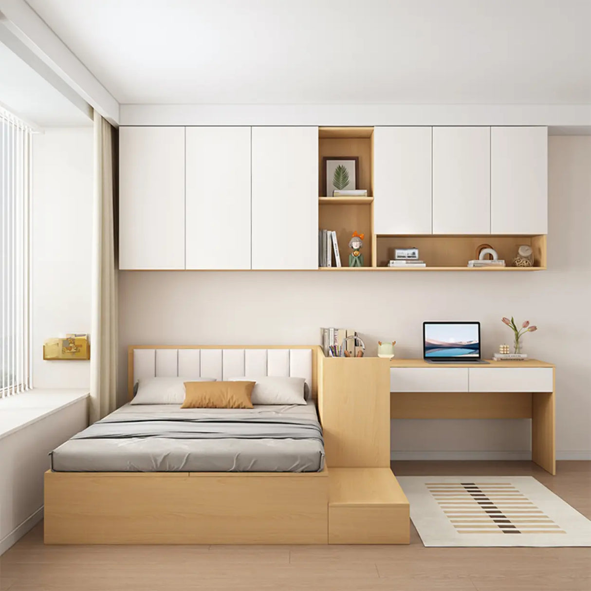 Natural Queen Platform Wood Storage Bed with Stair and Desk Image - 1