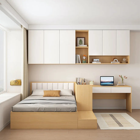 Natural Queen Platform Wood Storage Bed with Stair and Desk Image - 1