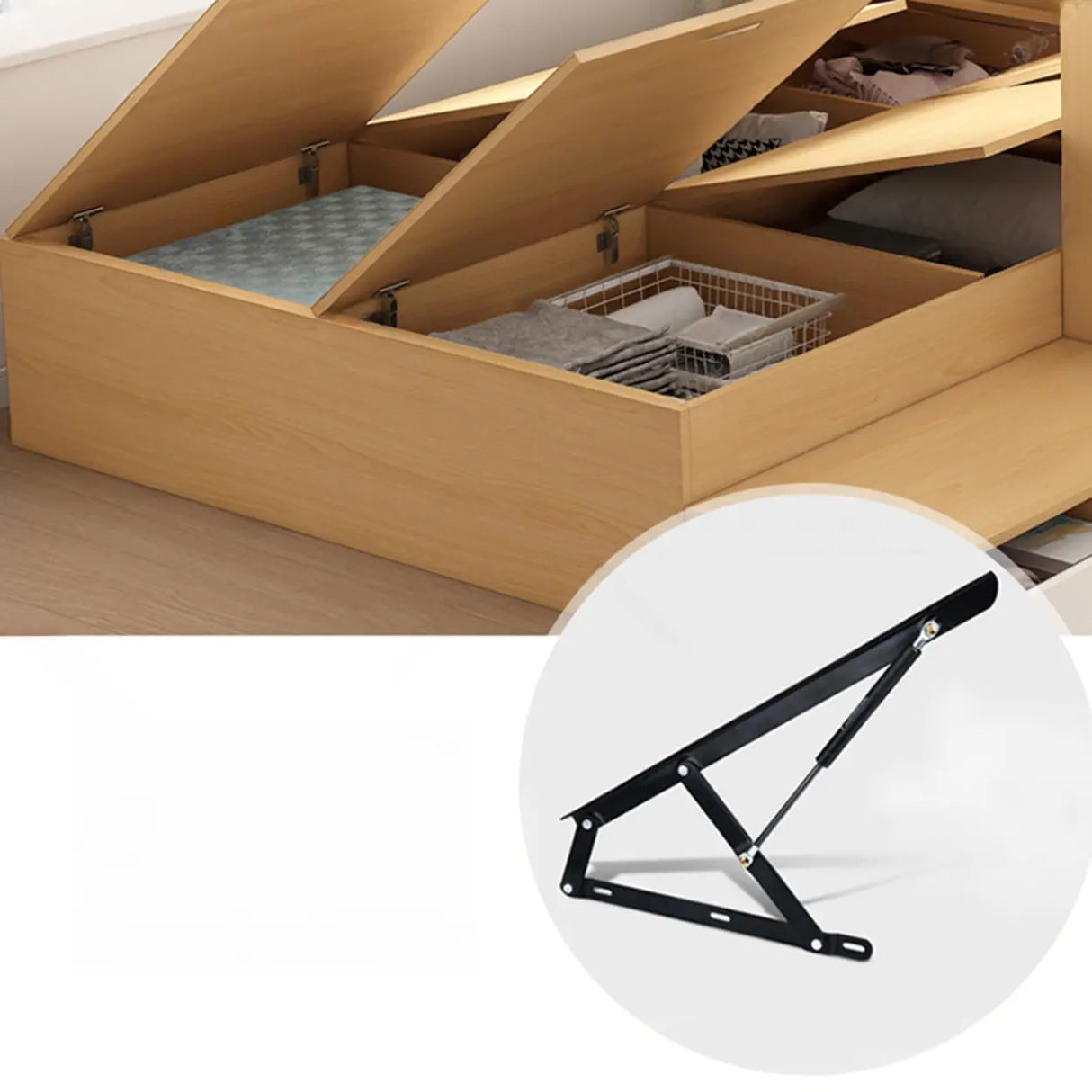 Natural Queen Platform Wood Storage Bed with Stair and Desk Image - 10