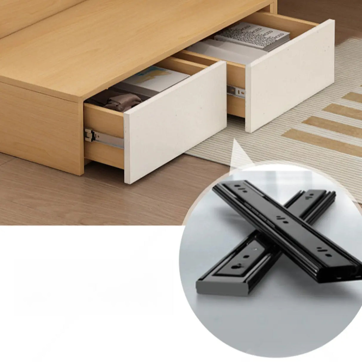 Natural Queen Platform Wood Storage Bed with Stair and Desk Image - 11
