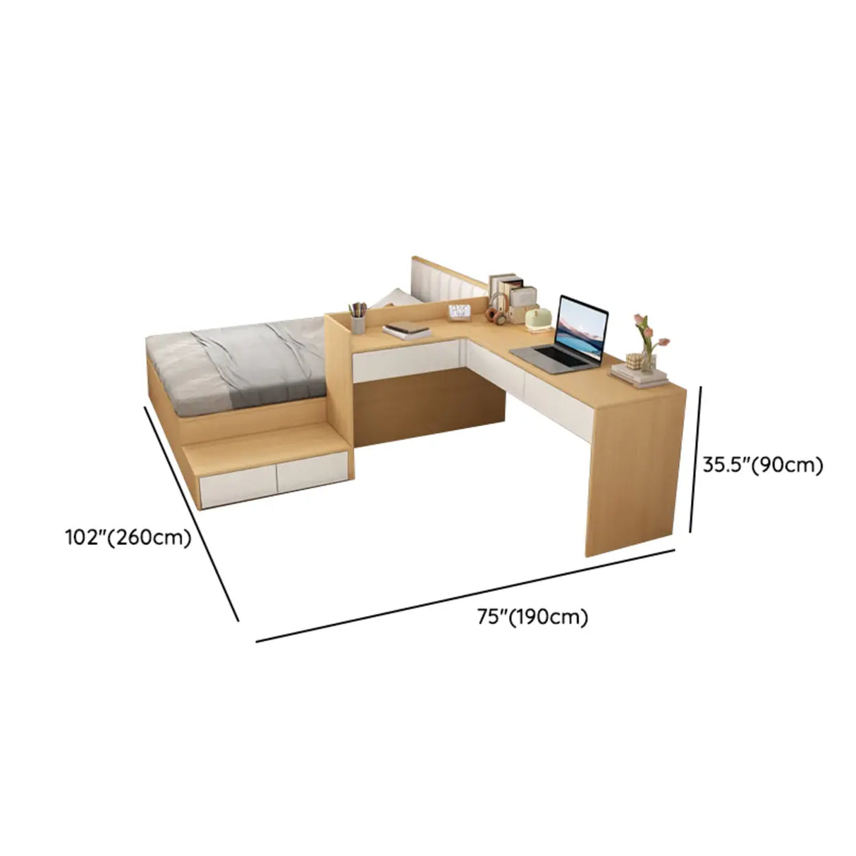 Natural Queen Platform Wood Storage Bed with Stair and Desk 