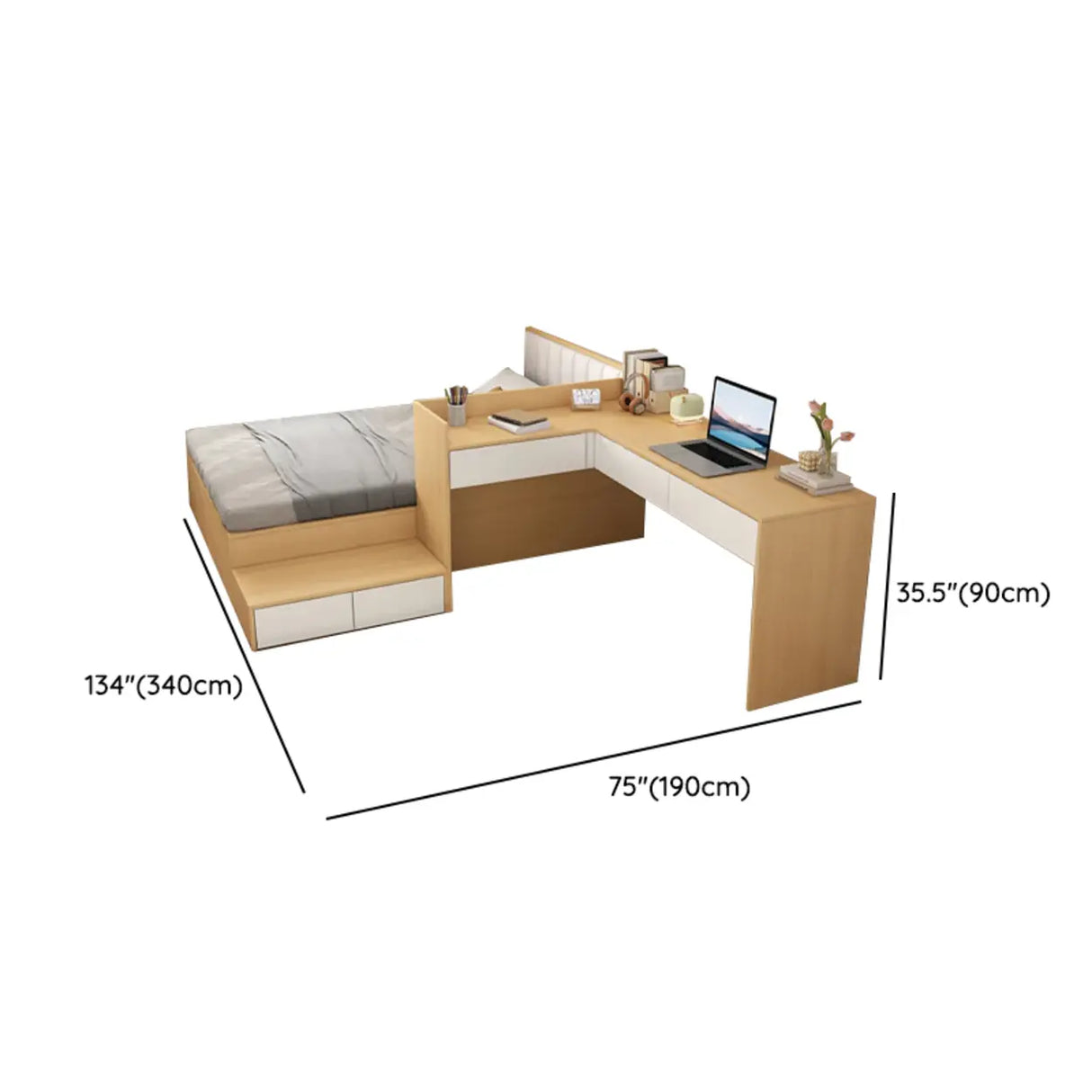 Natural Queen Platform Wood Storage Bed with Stair and Desk Image - 20