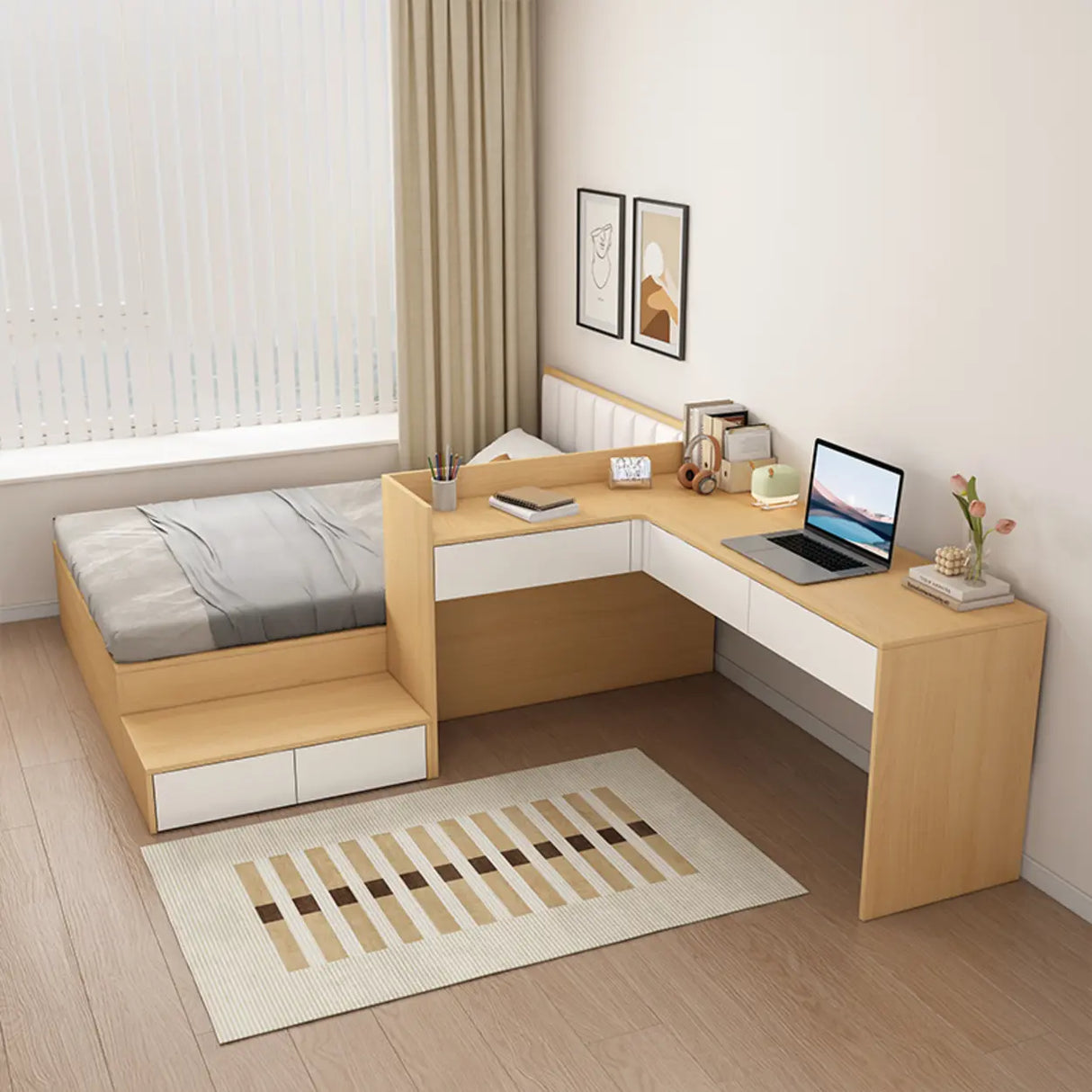 Natural Queen Platform Wood Storage Bed with Stair and Desk Image - 3