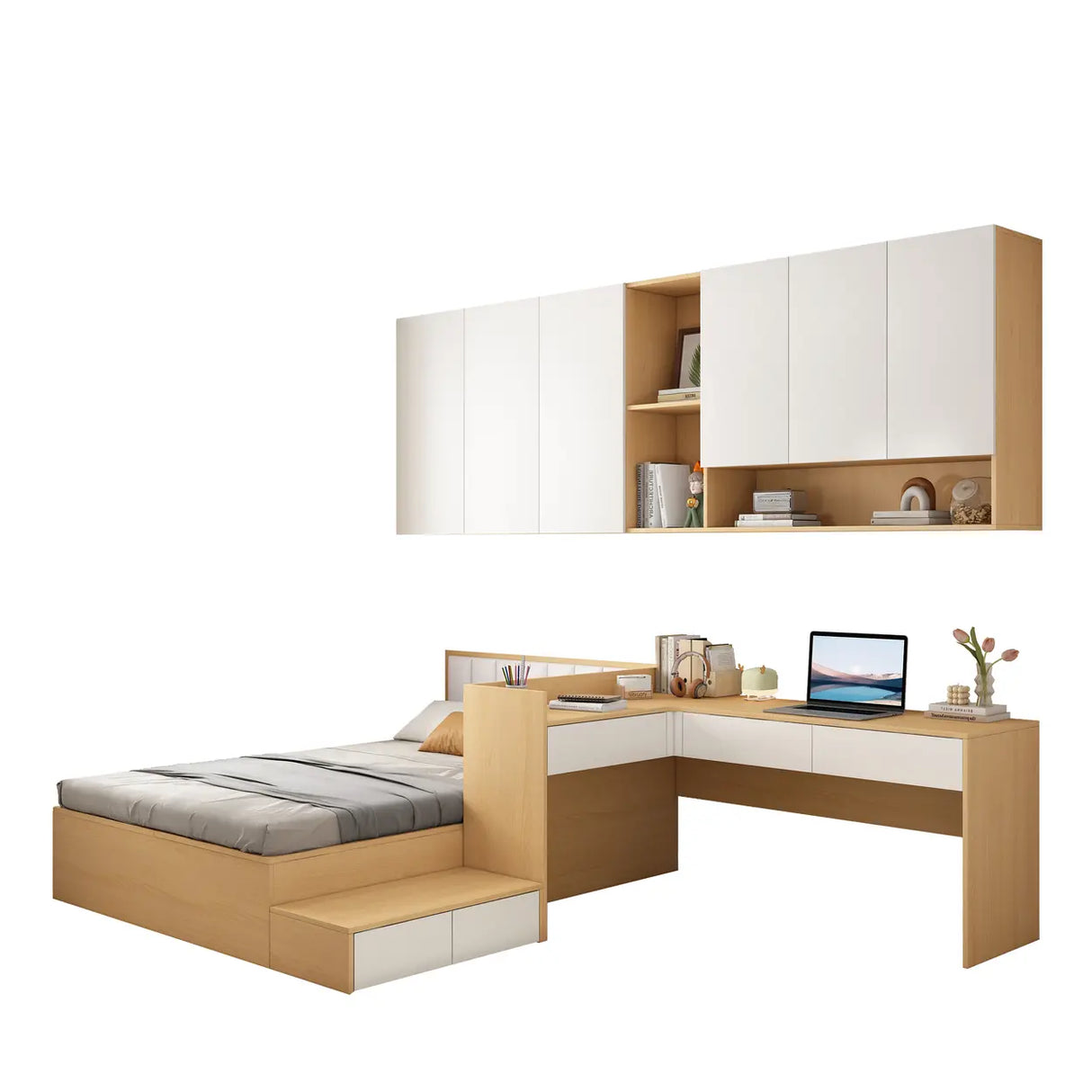 Natural Queen Platform Wood Storage Bed with Stair and Desk Image - 4