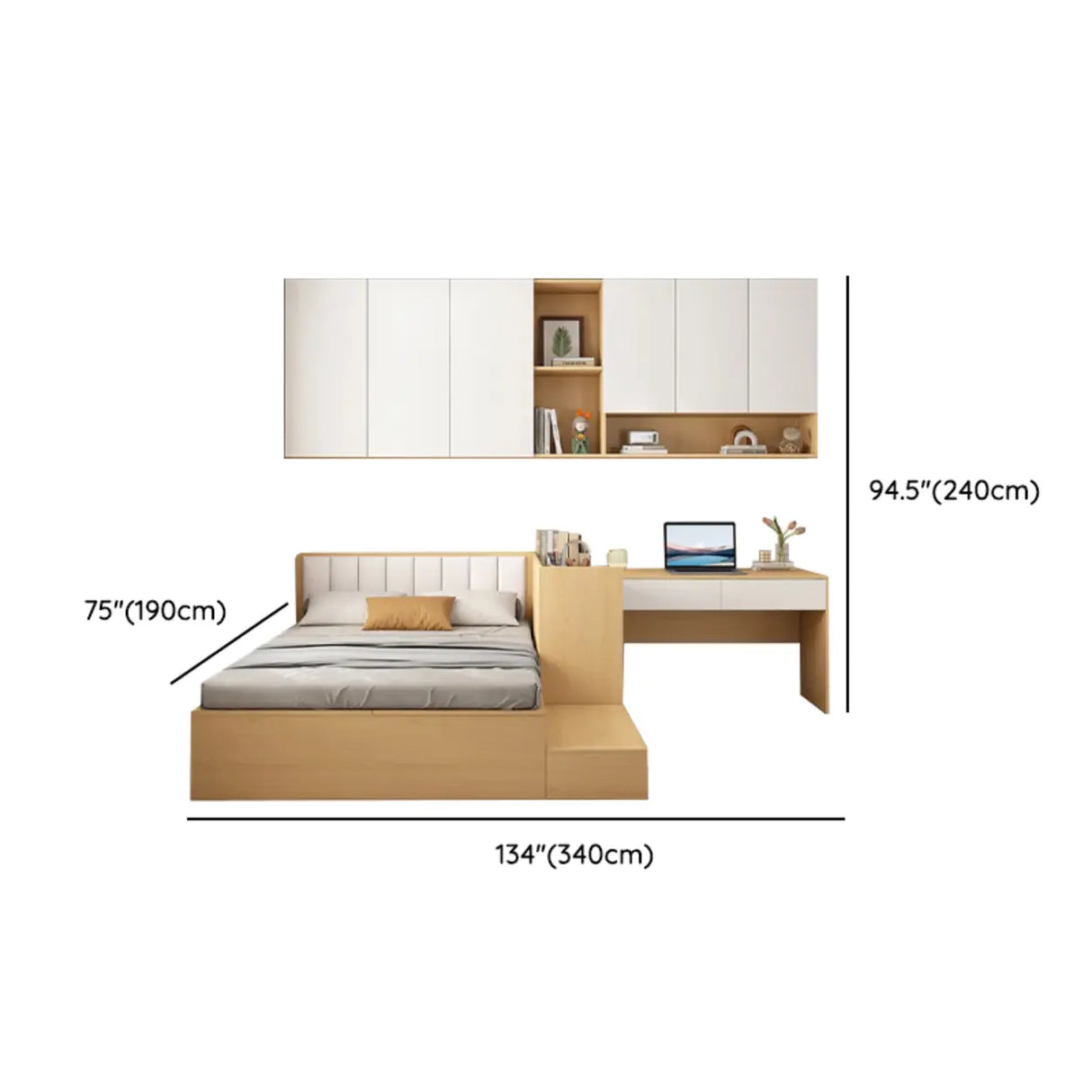 Natural Queen Platform Wood Storage Bed with Stair and Desk Image - 40