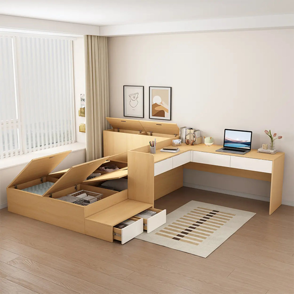 Natural Queen Platform Wood Storage Bed with Stair and Desk Image - 5