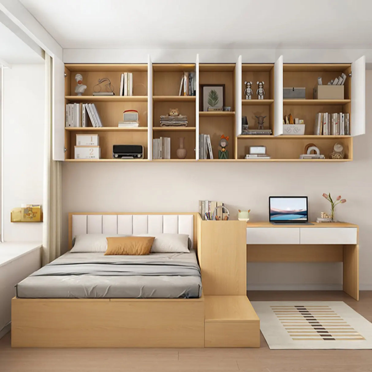Natural Queen Platform Wood Storage Bed with Stair and Desk Image - 6