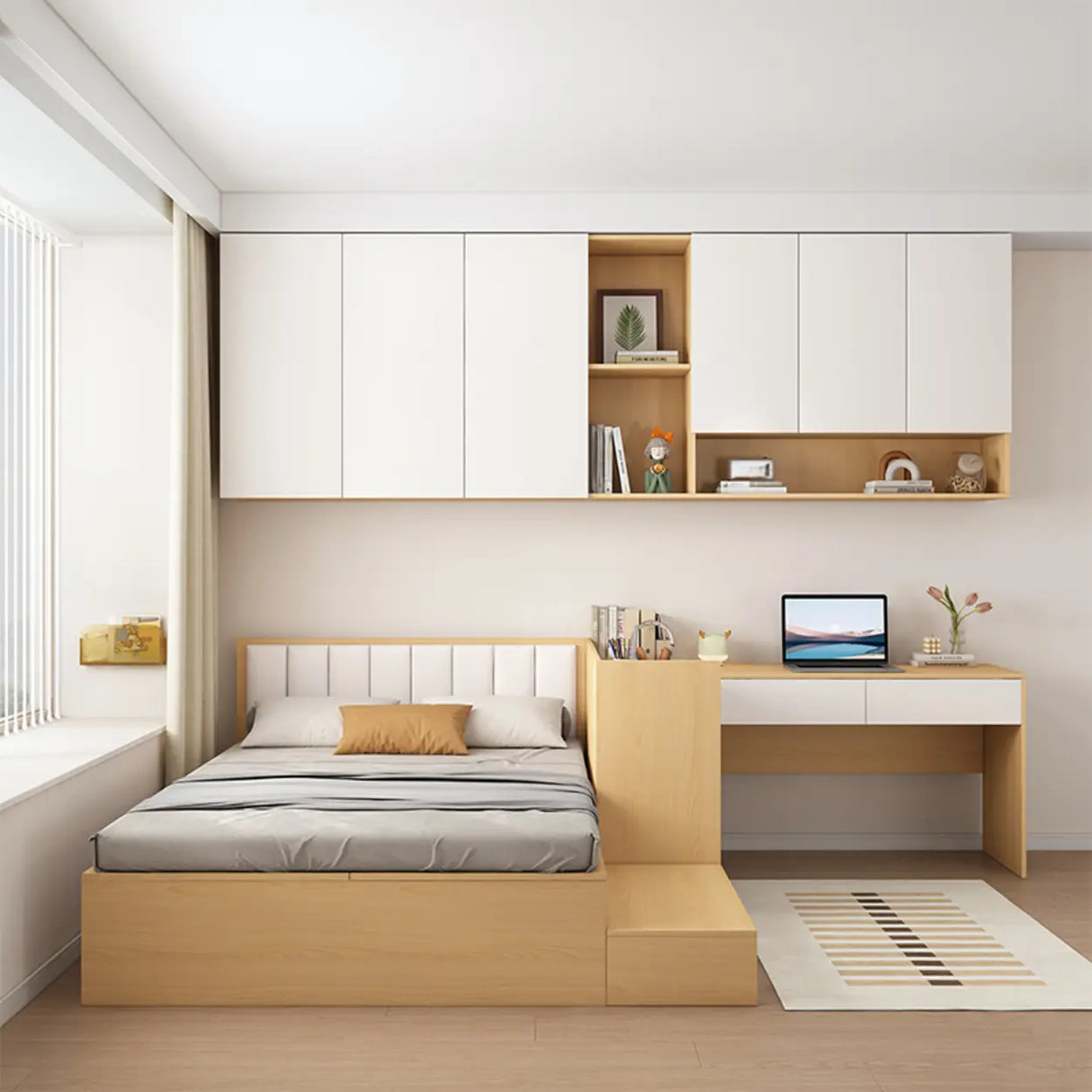 Natural Queen Platform Wood Storage Bed with Stair and Desk Image - 7