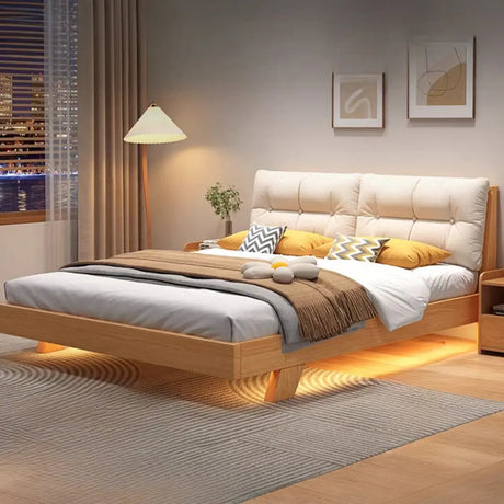 Natural Queen Rectangular Wood Cotton Upholstered Bed Image - 1