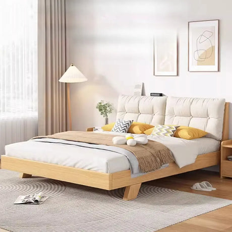 Natural Queen Rectangular Wood Cotton Upholstered Bed Image - 2