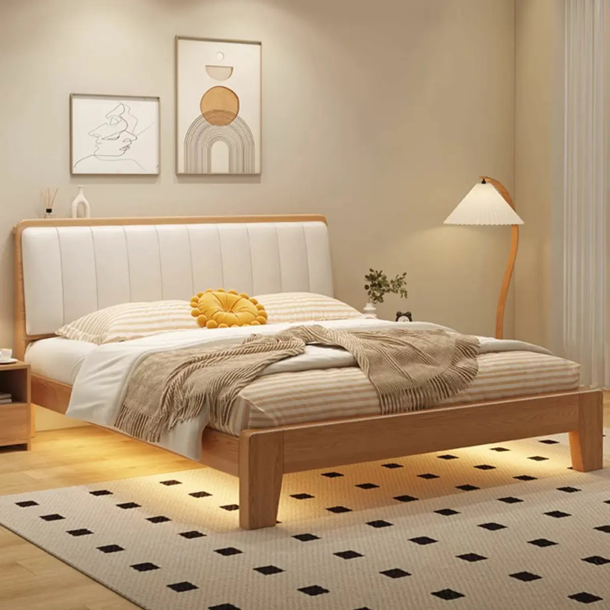 Natural Queen Shelves Wood Bed with Soft Headboard Image - 1