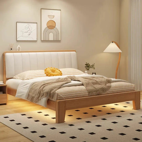 Natural Queen Shelves Wood Bed with Soft Headboard Image - 1