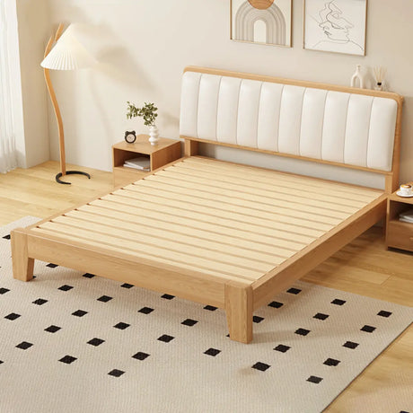 Natural Queen Shelves Wood Bed with Soft Headboard Image - 2