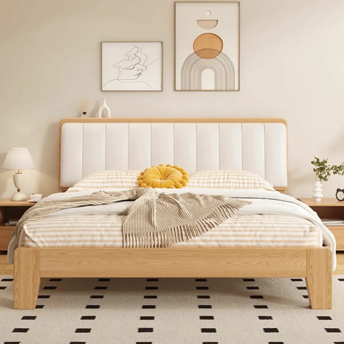 Natural Queen Shelves Wood Bed with Soft Headboard Image - 3