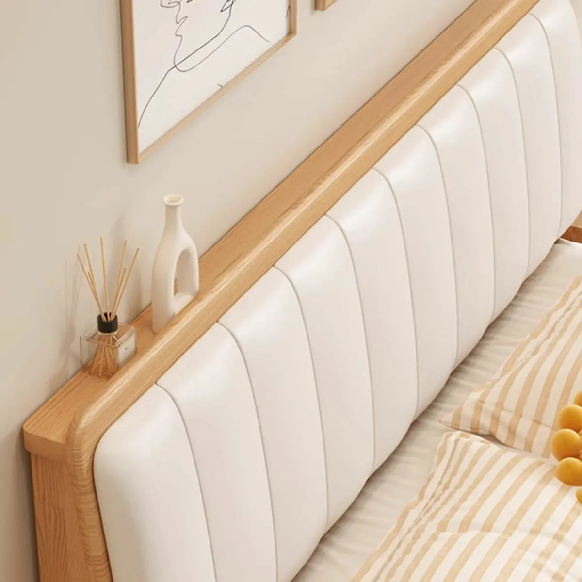 Natural Queen Shelves Wood Bed with Soft Headboard Image - 4