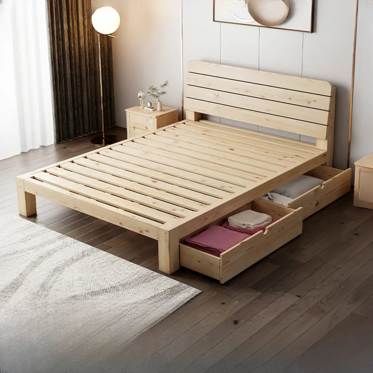 Natural Queen Wood Headboard Storage Bed with Drawers Image - 1