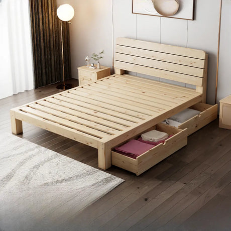 Natural Queen Wood Headboard Storage Bed with Drawers Image - 1