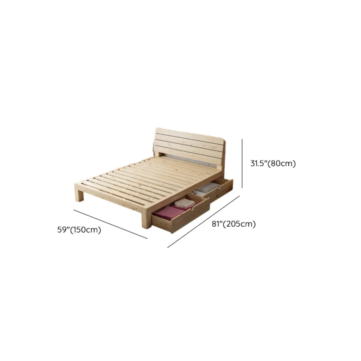 Natural Queen Wood Headboard Storage Bed with Drawers Image - 10