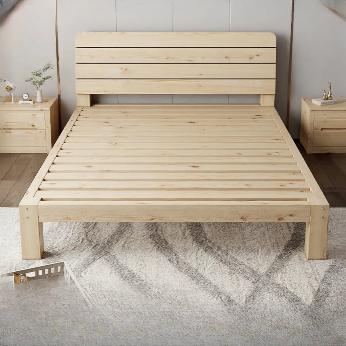 Natural Queen Wood Headboard Storage Bed with Drawers Image - 3