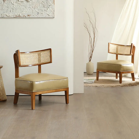 Natural Rattan Low Back Leather Beige Lounge Accent Chair Image - 1