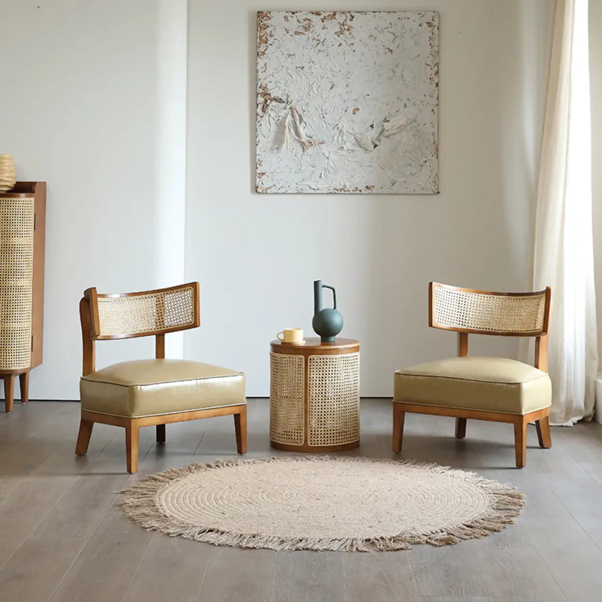 Natural Rattan Low Back Leather Beige Lounge Accent Chair Image - 4