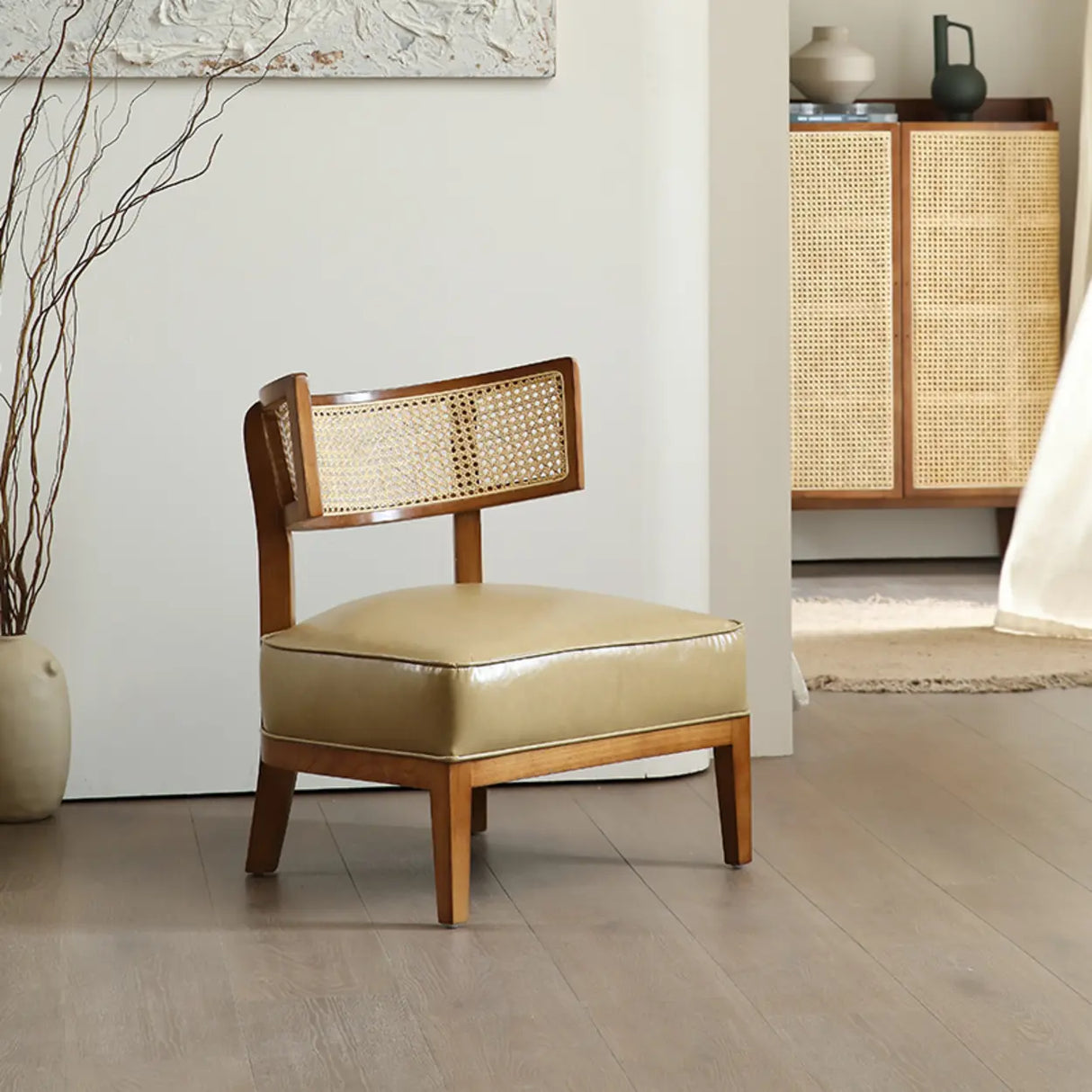 Natural Rattan Low Back Leather Beige Lounge Accent Chair Image - 5
