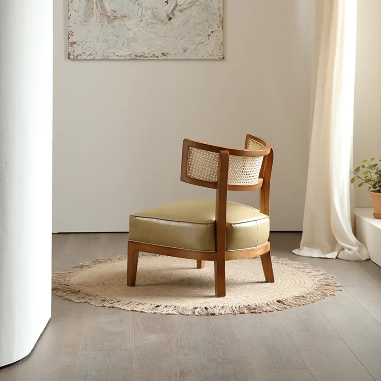 Natural Rattan Low Back Leather Beige Lounge Accent Chair Image - 6