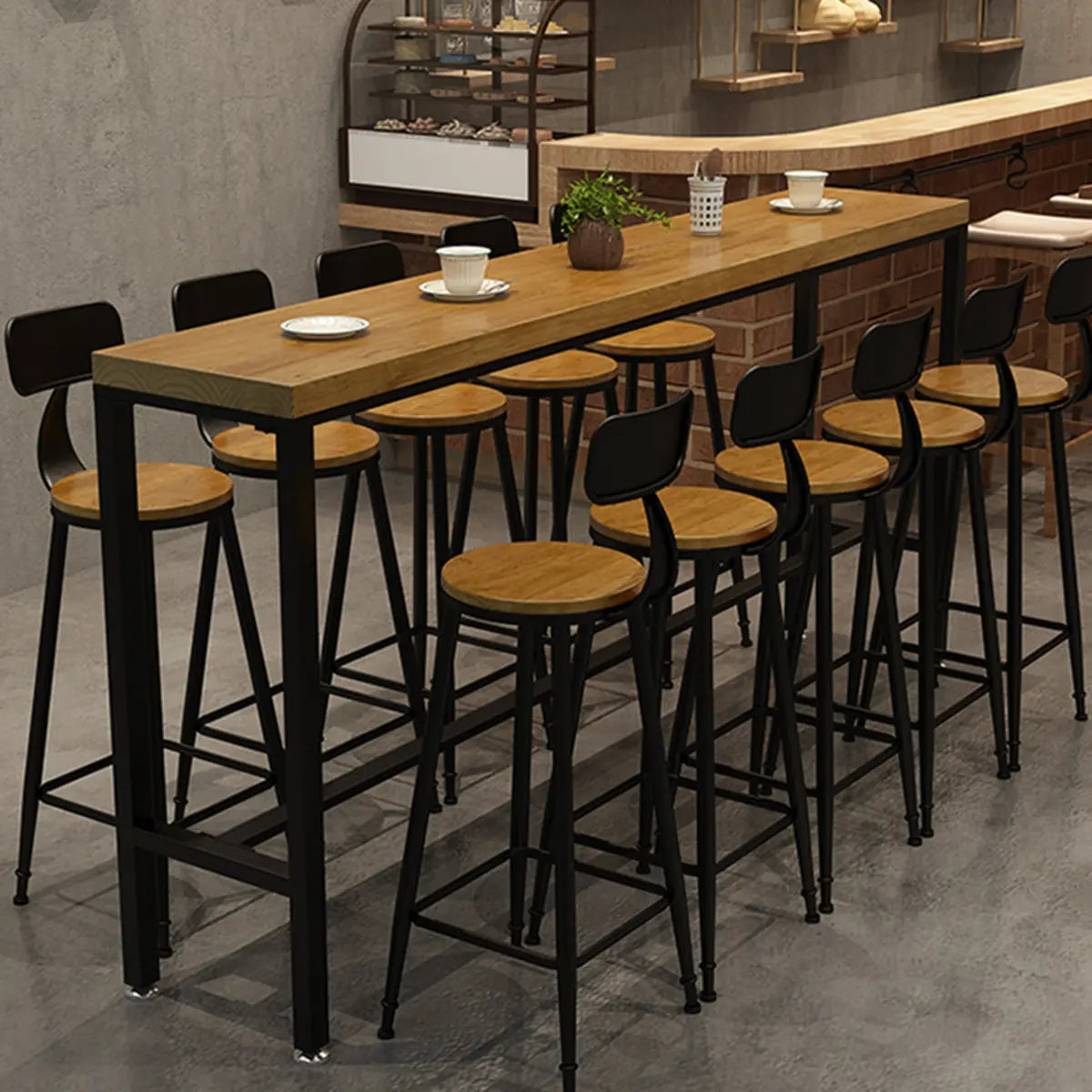 Natural Rectangle Solid Wood Bar Table with Footrest Image - 4