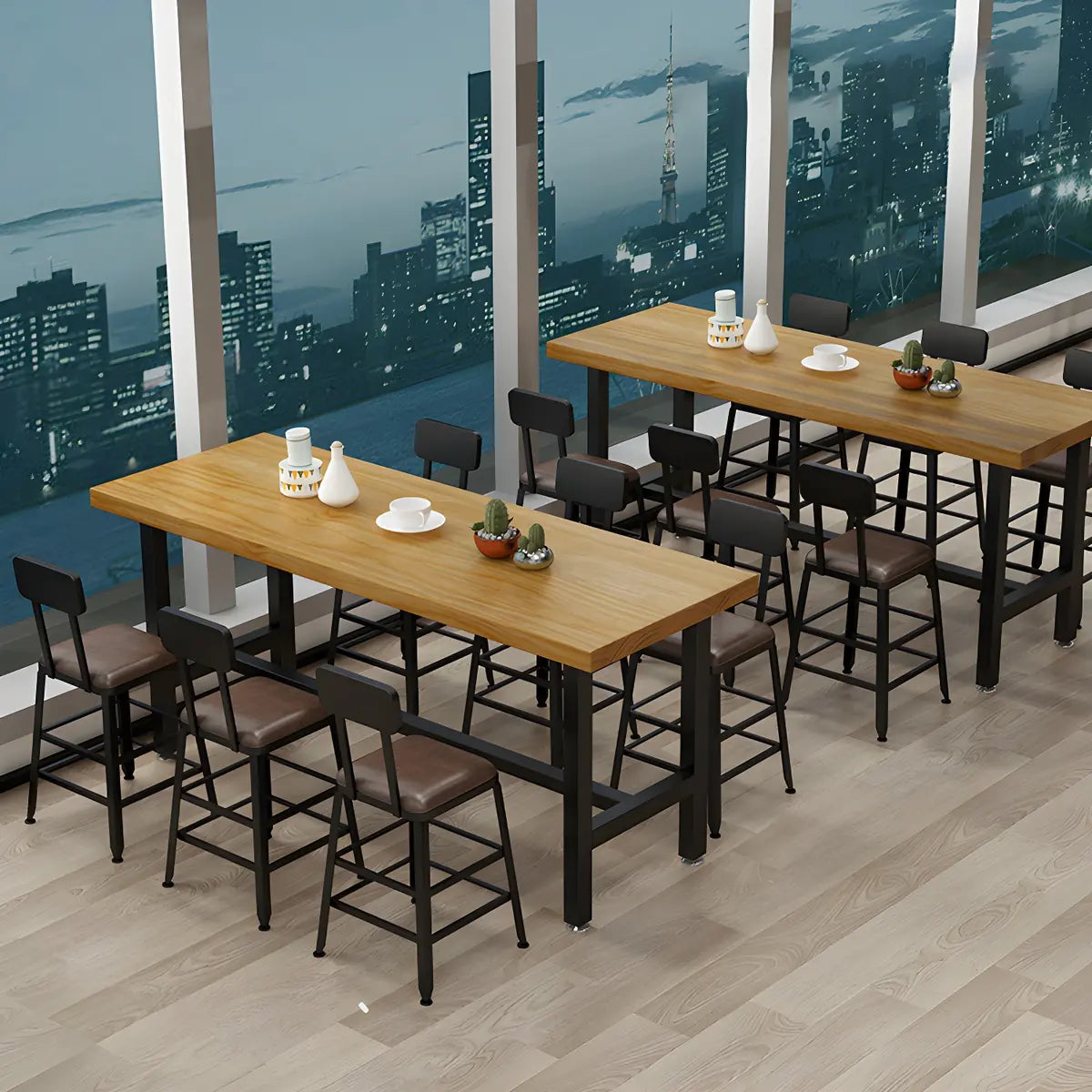 Natural Rectangle Wood Bistro Bar Table with Footrest Image - 8