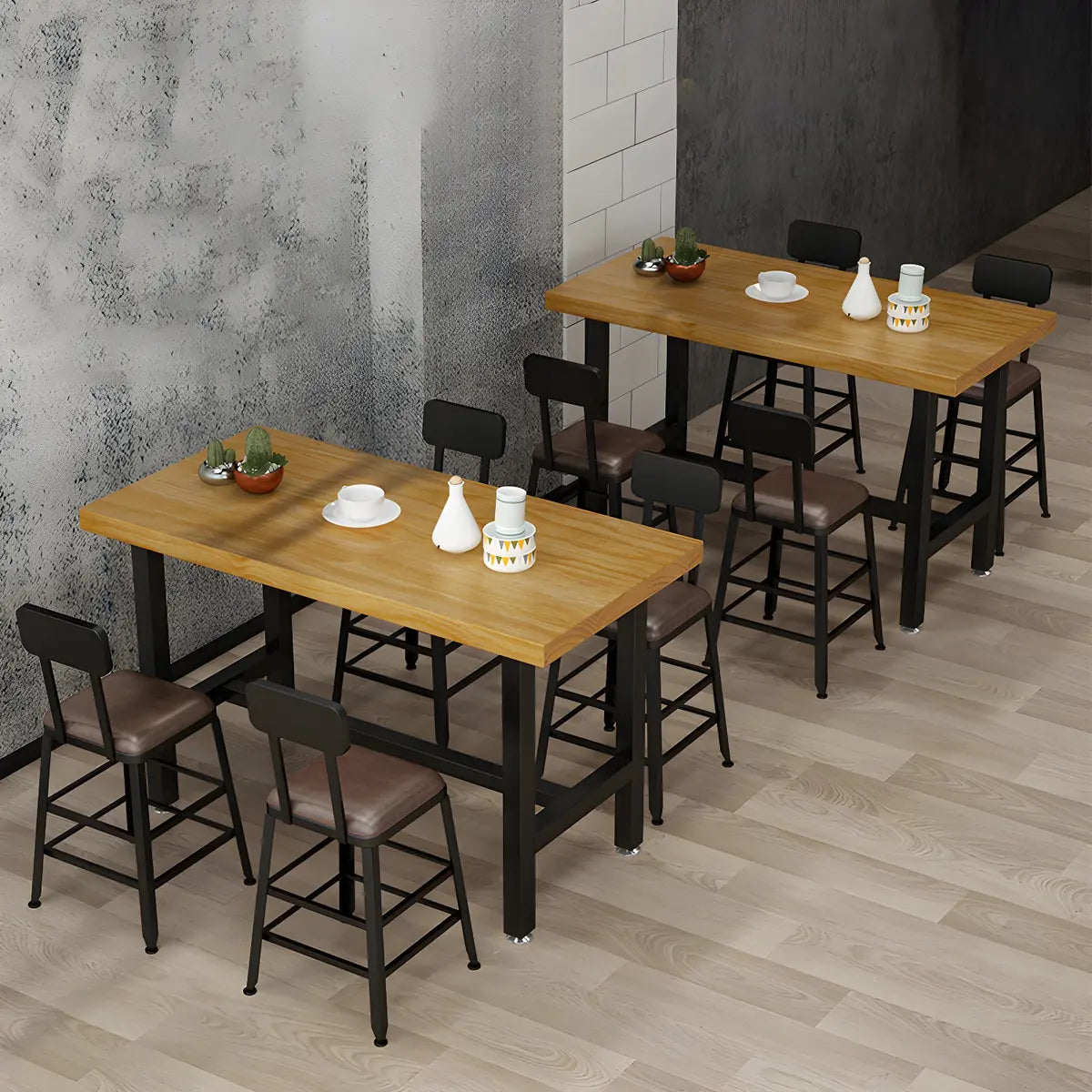 Natural Rectangle Wood Bistro Bar Table with Footrest Image - 9