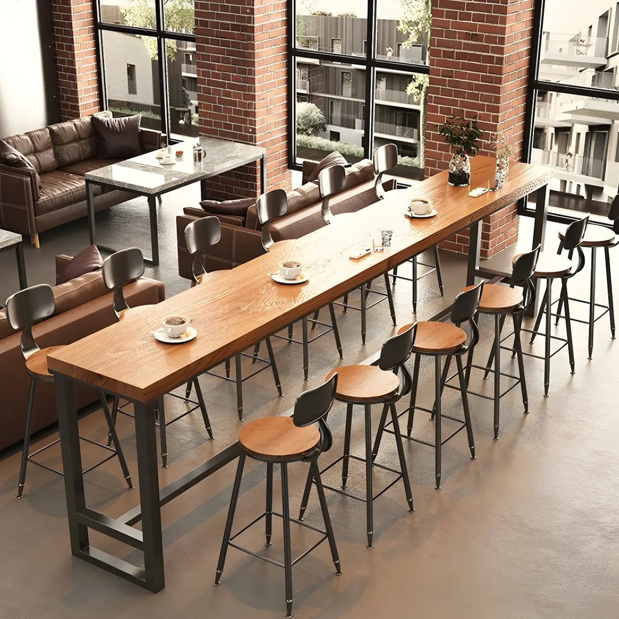 Natural Rectangle Wood Large Long Footrest Bar Table Image - 4
