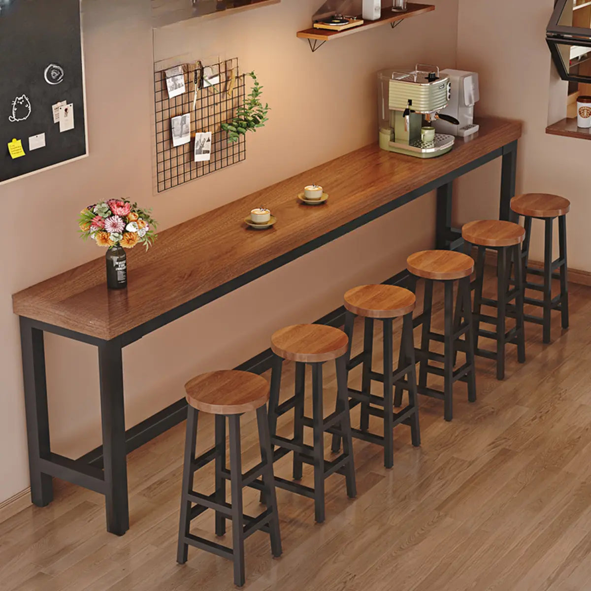 Natural Rectangle Wood Metal Large Bar Table With Footrest Image - 13