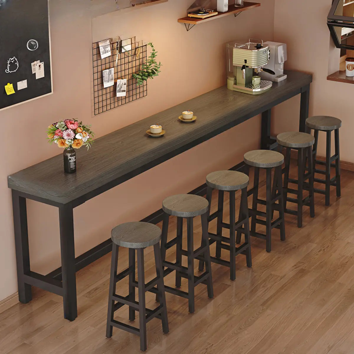 Natural Rectangle Wood Metal Large Bar Table With Footrest Image - 9