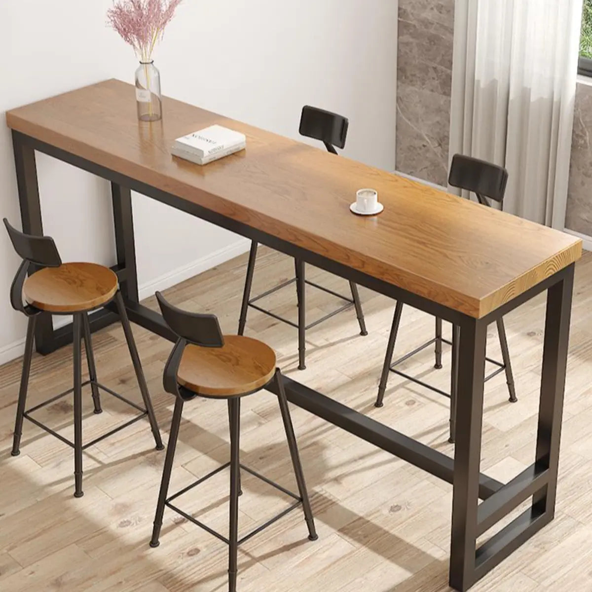 Natural Rectangular Pine Wood Large Bar Table with Footrest Image - 10