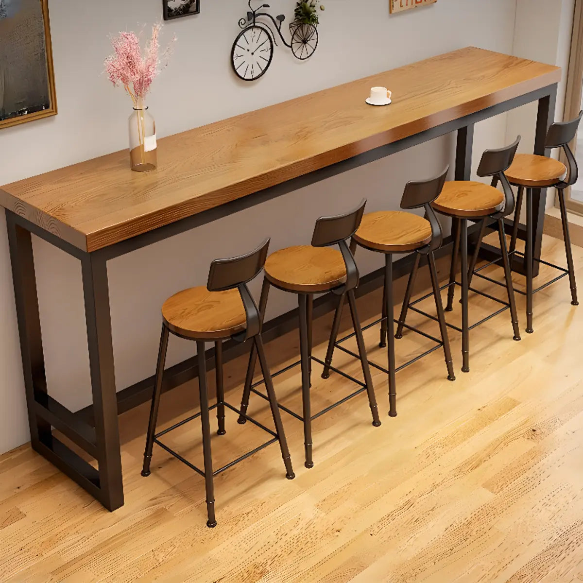 Natural Rectangular Pine Wood Large Bar Table with Footrest Image - 3