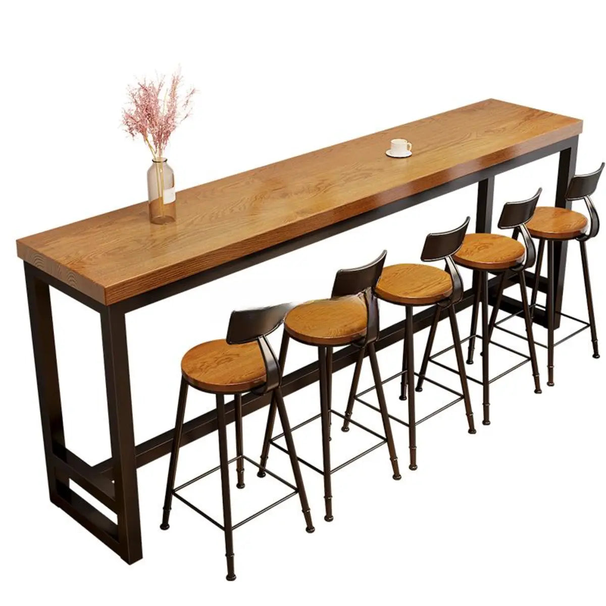 Natural Rectangular Pine Wood Large Bar Table with Footrest Image - 5