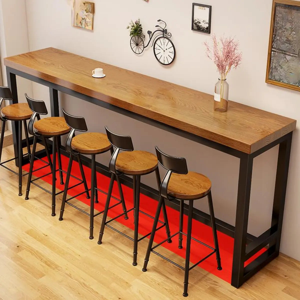 Natural Rectangular Pine Wood Large Bar Table with Footrest Image - 6