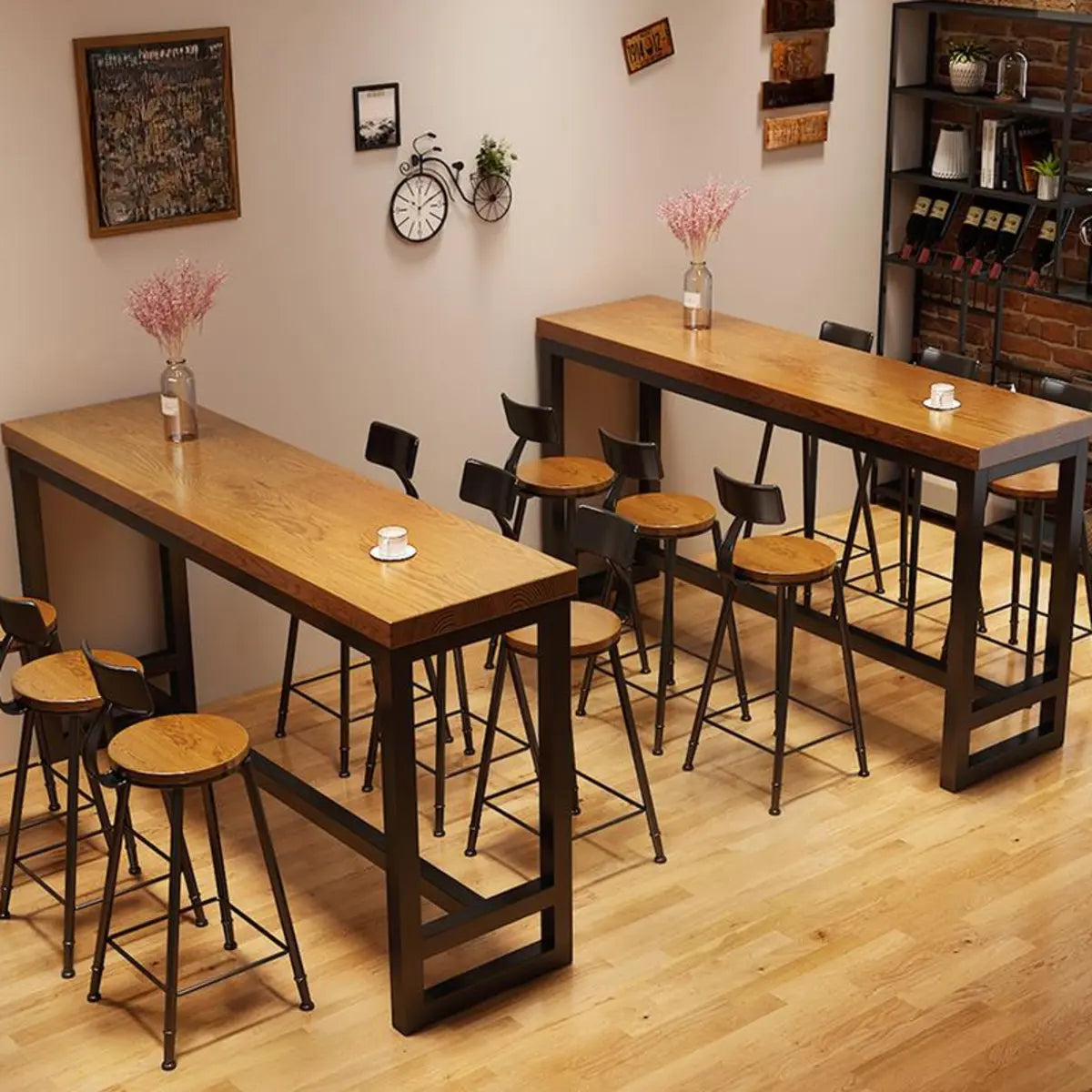 Natural Rectangular Pine Wood Large Bar Table with Footrest Image - 9