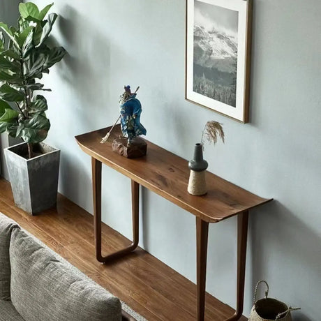 Natural Rich Pine Wood Curved Walnut Console Table Image - 2