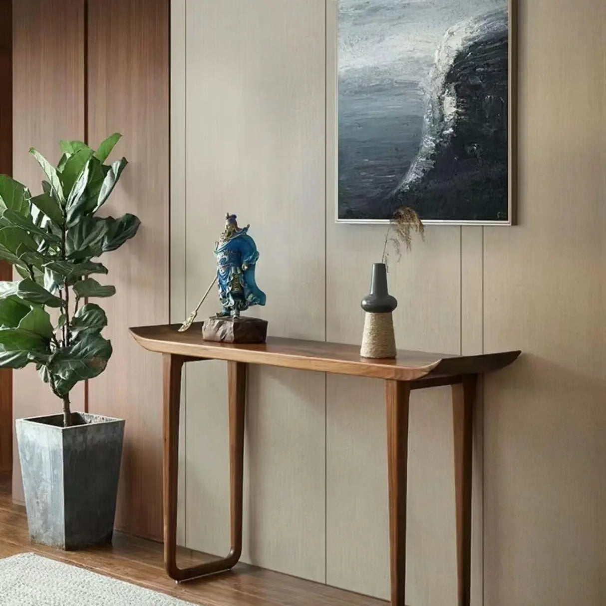 Natural Rich Pine Wood Curved Walnut Console Table Image - 4